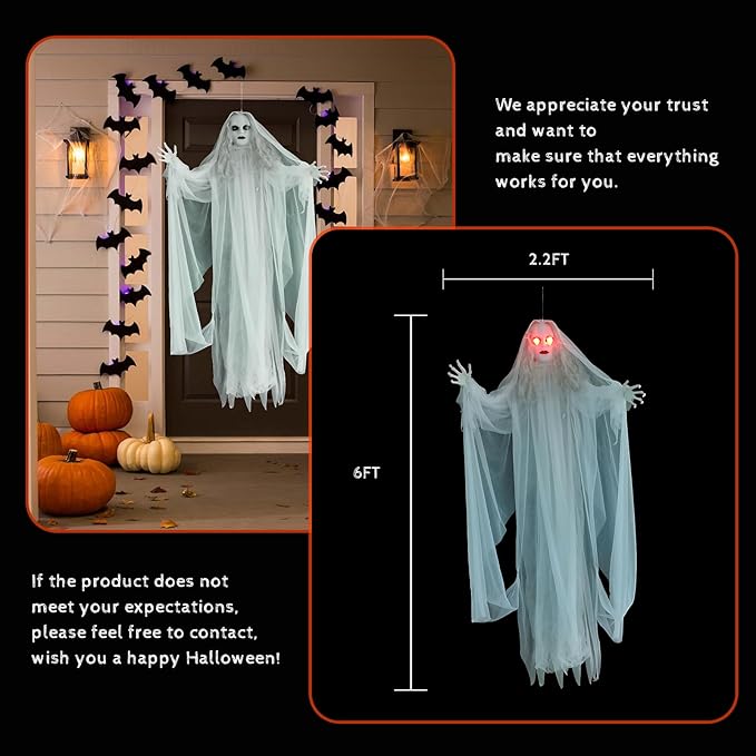 Halloween Hanging Ghosts 6FT White Ghost Ghost for Halloween Outdoor Decorations Front Yard Porch Patio Lawn Garden Trees Party Décor and Holiday（Without Battery）