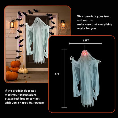 Halloween Hanging Ghosts 6FT White Ghost Ghost for Halloween Outdoor Decorations Front Yard Porch Patio Lawn Garden Trees Party Décor and Holiday（Without Battery）