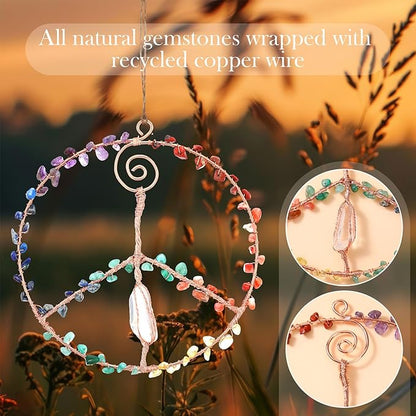 Siifert 6 Inches Crystal Winding Peace Sign Sun catcher, Metal Peace Sign Wall Decor Art Rose Gold Life Crystal Stone Sun catcher Window Car Wall Art Hanging Decorations for Home Office Decor Ornament