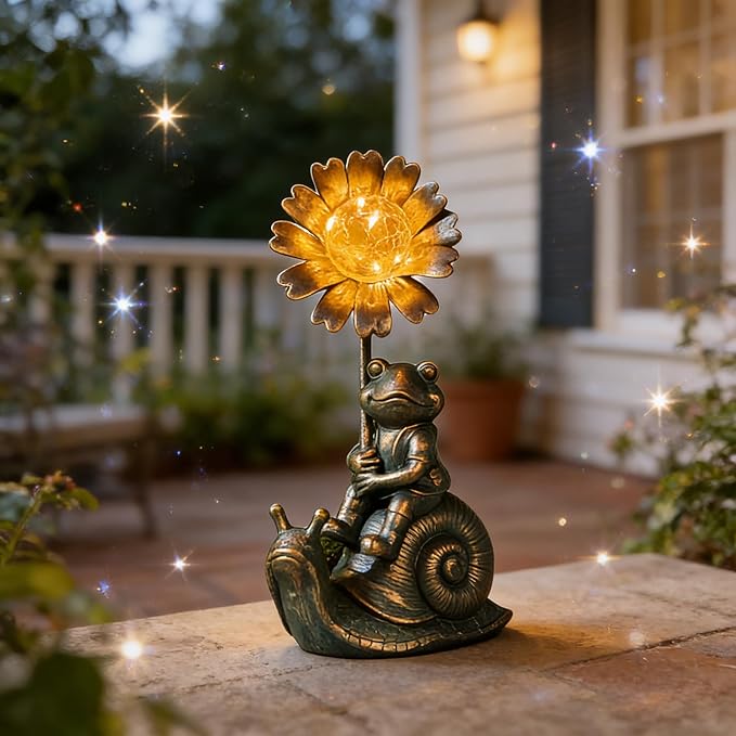 Solar Powered Frog on Snail Sculpture with Iron Flower & Glass Ball, Outdoor Garden Accent