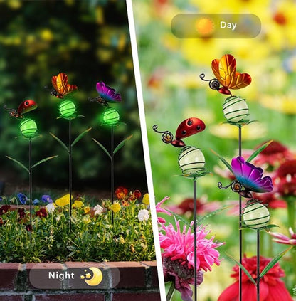 Stargarden Decorative Garden Stakes, 3 Pack Colorful Metal Garden Stakes, Luminous Butterfly Insect Metal Yard Art, Waterproof Garden Decor for Indoor, Outdoor