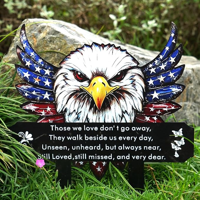 Patriotic Eagle Metal Cemetery Stakes, Waterproof Memorial Garden Markers for Veterans & Family, Outdoor Grave Decorations (Eagle)