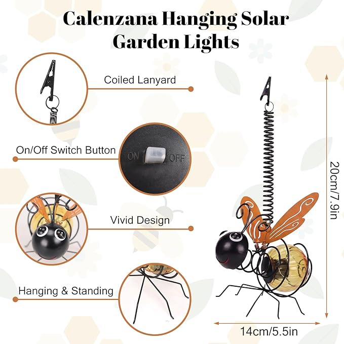 Calenzana Orange Bee Outdoor Solar Garden Light, Waterpoof Hanging Solar Light for Yard Patio Backyard Porch, Gifts for Women Mom Grandma