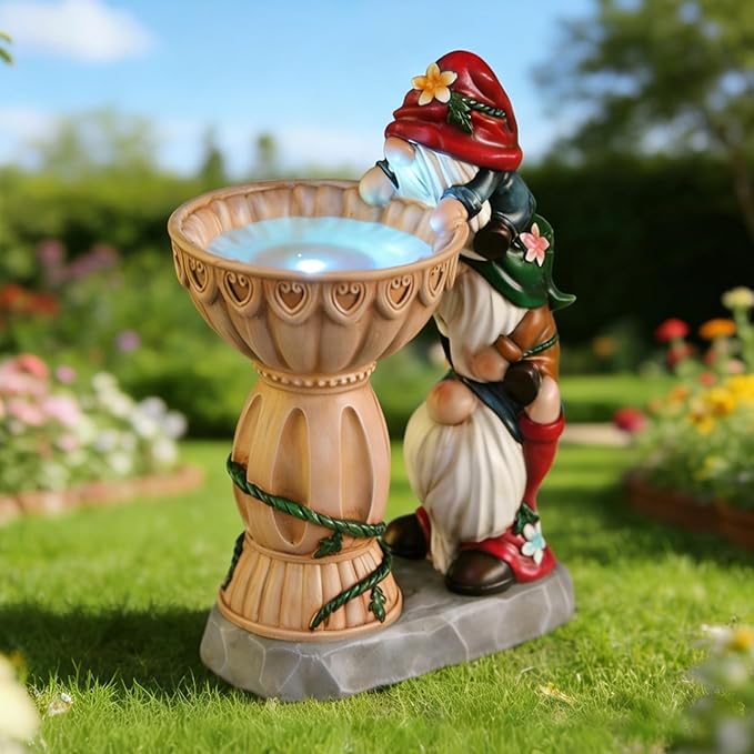 Garden Gnomes Outdoor Gnomes Garden Decorations for Yard Colorful Lights Resin Solar Outdoor Statues with Bird Bath Feeder Outside Lawn Patio Housewarming Gifts 6.25 * 4.25 * 9.25 Inch