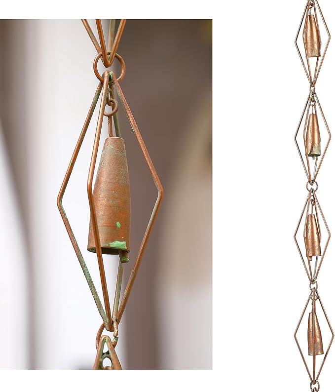 8.5 Feet Diamond & Bell Rain Chain for Outsides, Rain Catch Chains for Gutters Downspouts, Copper Patina Finish Iron