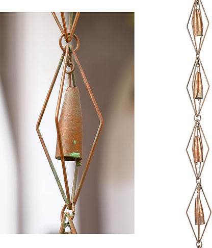 8.5 Feet Diamond & Bell Rain Chain for Outsides, Rain Catch Chains for Gutters Downspouts, Copper Patina Finish Iron