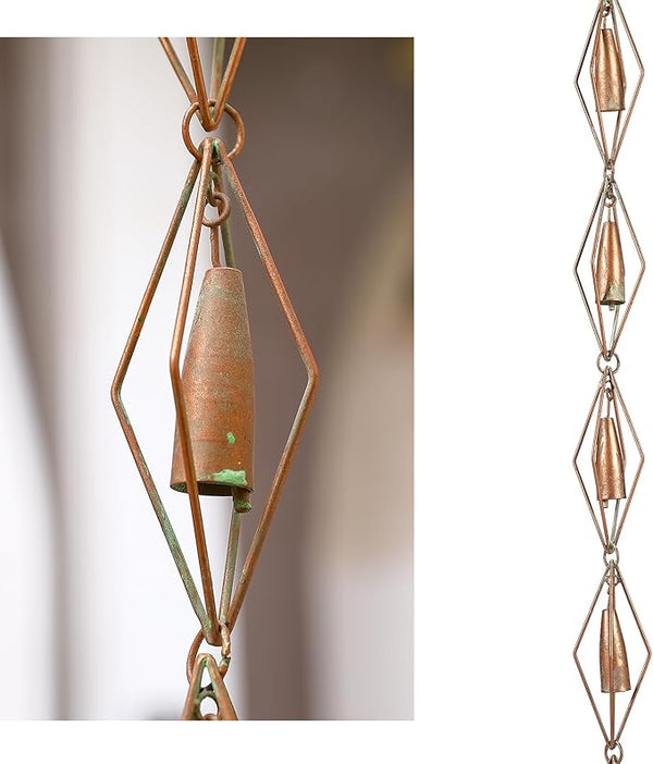 8.5 Feet Diamond & Bell Rain Chain for Outsides, Rain Catch Chains for Gutters Downspouts, Copper Patina Finish Iron