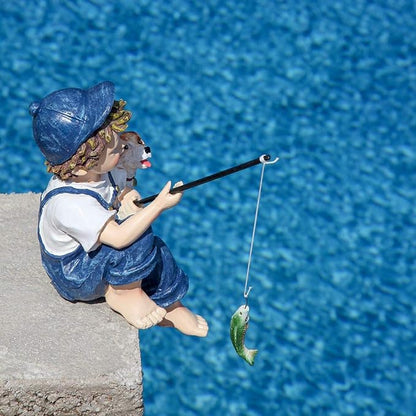 Lily's Home 10-Inch Fishing Boy and Dog Statue - Resin Garden Decor for Outside - Outdoor and Garden Decorations - Cottage Style Garden Statues Yard Art