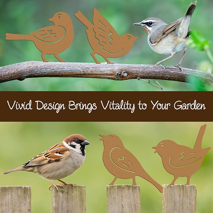 6PCS Rusty Metal Birds Decor, Outdoor Bird Wall Art Decor for Fence, Yard, and Patio, Metal Birds Craft Statue Ornaments, Bird Sculptures for Outdoor Garden Decoration Rustic Decoration