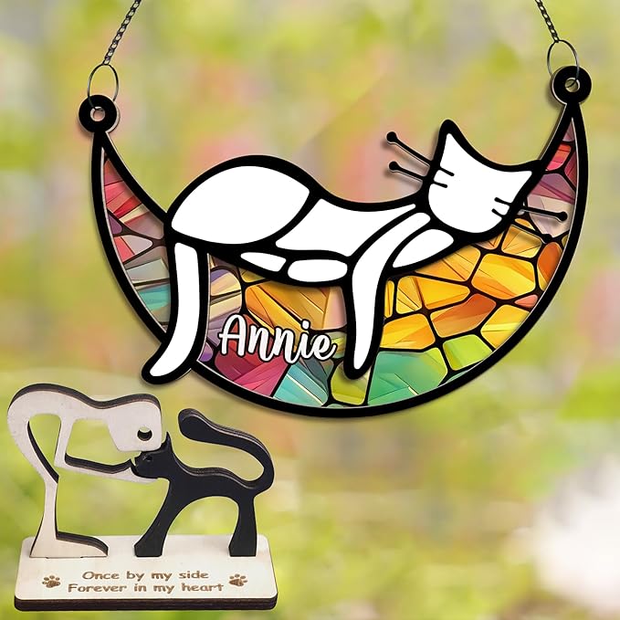 Cat Memorial Suncatcher, Personalized Name Pet Sleeping on Moon Ornament Window Car Hanging, Sympathy Gift for Loss of Pet Passed Away Keepsake, Remembrance Gifts for Cat Lovers