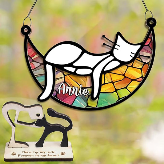 Cat Memorial Suncatcher, Personalized Name Pet Sleeping on Moon Ornament Window Car Hanging, Sympathy Gift for Loss of Pet Passed Away Keepsake, Remembrance Gifts for Cat Lovers