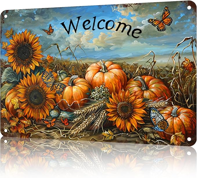 Funny Garden Decor Fall Pumpkin Welcome Vintage Metal Signs Garden Tin Sign for Home Outdoor Wall Decor 12×16 Inch