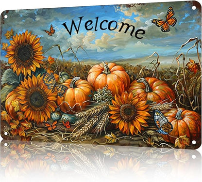 Funny Garden Decor Fall Pumpkin Welcome Vintage Metal Signs Garden Tin Sign for Home Outdoor Wall Decor 12×16 Inch