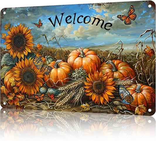 Funny Garden Decor Fall Pumpkin Welcome Vintage Metal Signs Garden Tin Sign for Home Outdoor Wall Decor 12×16 Inch