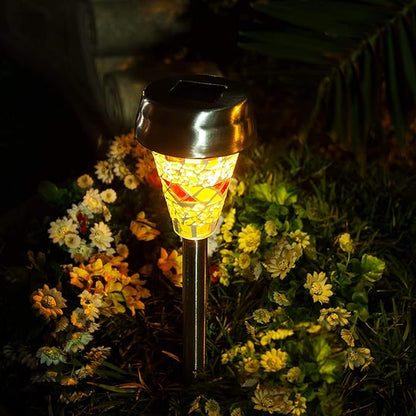 6Pcs Solar Mosaic Border Lawn Garden Lights, LED Mosaic Stake Lights Pathway Landscape Lighting for Patio Walkway Driveway Outdoor Christmas Garden Home Decoration (Orange/Yellow)