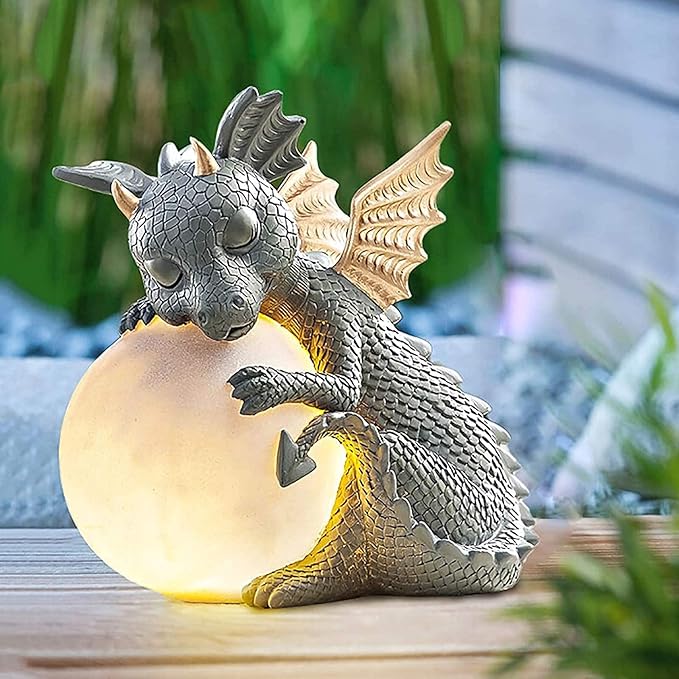 G Ganen Garden Dragon Statue, Resin Dinosaur Outdoor Sculptures - Cute Garden Dragon Figurines with LED Lights for Home Decor, Patio Lawn Yard Decor