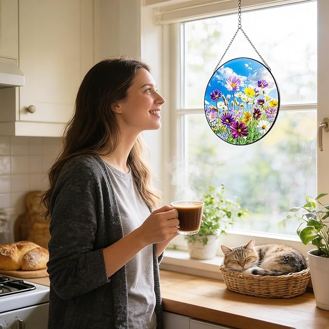 Wildflowers Stained Glass Suncatcher, Floral Suncatcher Wall Hanging,Cottagecore Wildflower Sun Catchers Indoor Window Round Glass Wall Art Decor,Gardening & Lawn Care 7.9"