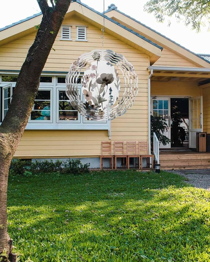 Stainless Steel Wind Spinner for Yard Garden Decoration, Ink Painting Wildflowers Nature Style Round Wind Sculpture Spinner 3D Crafts Hanging Ornaments for Indoor Outdoor, 8 Inch