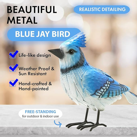 GUTE Blue Jay Metal Bird, Garden Yard Sculpture Art - Large Realistic Standing Blue Bird - Outdoor Fall, Winter, Spring, Summer Decoration - Handmade Bluejay Decor - Perfect and Sympathy Gifts
