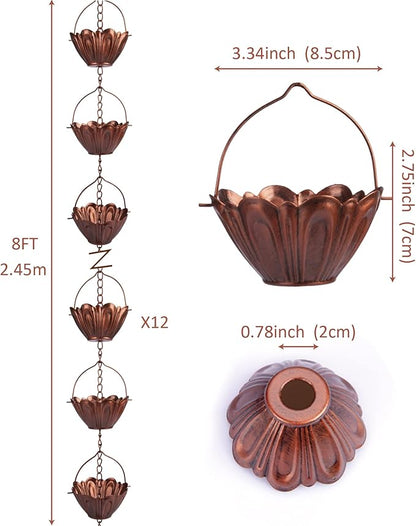8 ft Copper Plated Rain Chain for Outside Downspouts, Adjustable Rain Catcher for Garden Gutters, Decorative Metal Hanging Flower Spiral Rain Bells, 12 Lotus Cups, Brass Color