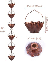 8 ft Copper Plated Rain Chain for Outside Downspouts, Adjustable Rain Catcher for Garden Gutters, Decorative Metal Hanging Flower Spiral Rain Bells, 12 Lotus Cups, Red Copper Color