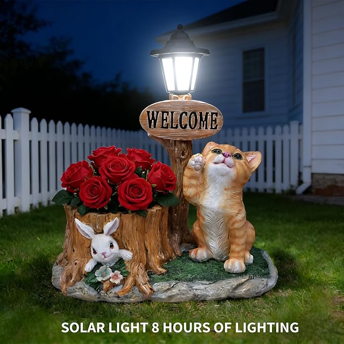 20" Solar Cat Garden Statue with Welcome Sign & Planter - Large Cat Sculpture with LED Street Lantern - Weatherproof Resin Decorative Flower Pot for Porch, Yard & Patio - Pet Lover Gift