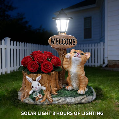 20" Solar Cat Garden Statue with Welcome Sign & Planter - Large Cat Sculpture with LED Street Lantern - Weatherproof Resin Decorative Flower Pot for Porch, Yard & Patio - Pet Lover Gift