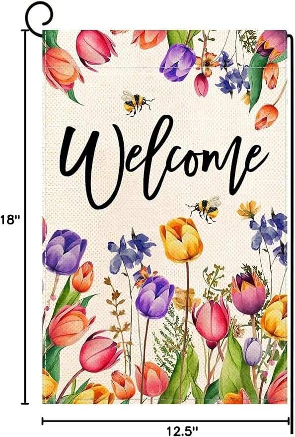 Baccessor Spring Summer Easter Tulip Welcome Garden Flag Double Sided Bee Colorful Floral Small Burlap Yard House Seasonal Farmhouse Outside Outdoor Decoration 12.5 x 18 Inch
