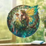 Fairy Ornament Acrylic Suncatcher – Enchanted Forest Fairy Sitting in Circle with Squirrel, Stained Glass Style Window Hanging Decor, Christmas Ornament Gift for Women, Fantasy Home Decor, (Sun-34)