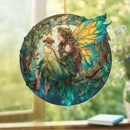 Fairy Ornament Acrylic Suncatcher – Enchanted Forest Fairy Sitting in Circle with Squirrel, Stained Glass Style Window Hanging Decor, Christmas Ornament Gift for Women, Fantasy Home Decor, (Sun-34)