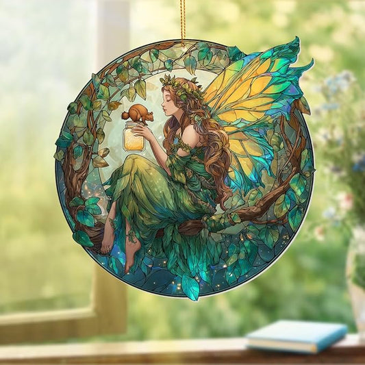 Fairy Ornament Acrylic Suncatcher – Enchanted Forest Fairy Sitting in Circle with Squirrel, Stained Glass Style Window Hanging Decor, Christmas Ornament Gift for Women, Fantasy Home Decor, (Sun-34)