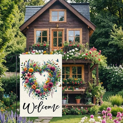 Welcome Spring Summer Garden Flag 12x18 Inch Colorful Floral Love Hearts Garden Flags Double Sided Small Burlap Birds Flowers Butterflies Outdoor Decor Patio Yard Outside Decorations