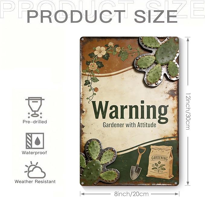 Garden Signs for Outside Warning Gardener with Attitude, 2D Flat Funny Metal Signs for Home Garden Patio Yard, Retro Gardening Gifts for Women, Wall Decor 12" x 8"