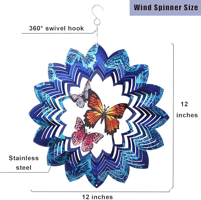 Wind Spinners Butterfly Hanging Outdoor, 12In Stainless Steel Spinfinity Wind Spinner, Blue Wind Chimes for Outside, 3D Kinetic Sculpture Suncatcher, Metal Yard Ornaments, Butterfly Garden Spinners