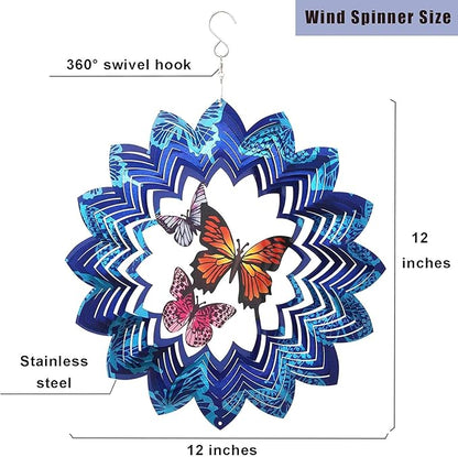 Wind Spinners Butterfly Hanging Outdoor, 12In Stainless Steel Spinfinity Wind Spinner, Blue Wind Chimes for Outside, 3D Kinetic Sculpture Suncatcher, Metal Yard Ornaments, Butterfly Garden Spinners