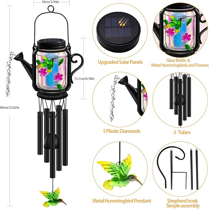 Solar Hummingbird Wind Chimes for Outside for Mom Women Grandma,Solar Mason Jar Watering Can Hummingbird Light Unique Hanging Wind Chimes Outdoor,Yard Garden Terrace Courtyard