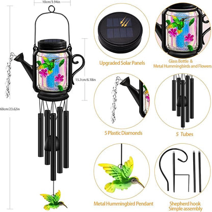 Solar Hummingbird Wind Chimes for Outside for Mom Women Grandma,Solar Mason Jar Watering Can Hummingbird Light Unique Hanging Wind Chimes Outdoor,Yard Garden Terrace Courtyard