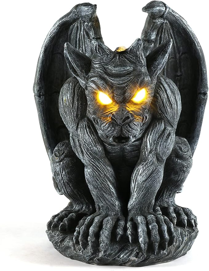 Large Winged Gargoyle Statue with Solar Lights Outdoor Decor, Sitting Gargoyle Monster Dragon Garden Guardian Gothic Creep Scary Sculpture, Patio Yard Lawn Decorations, Valentine's Day Gift