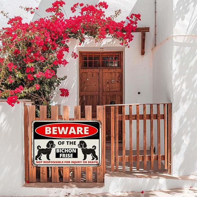 Beware Of The Dog Bichon Frise Sign Aluminum Metal Tin Signs Outdoor Yard Sign Warning Sign For Fence Yard Home Kitchen Farm Garden Wall Decor 8x12 Inch