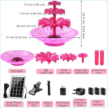 Yeomi Red 3-Tier Solar Fountain Pump with LED Lights, 24H Outdoor Water Feature, Detachable Design, Multi-Function Bird Bath Fountain for Garden Patio Yard Backyard Pond, 3.5W