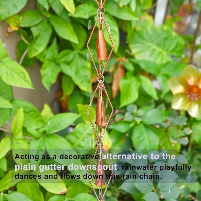 8.5 Feet Diamond & Bell Rain Chain for Outsides, Rain Catch Chains for Gutters Downspouts, Copper Patina Finish Iron