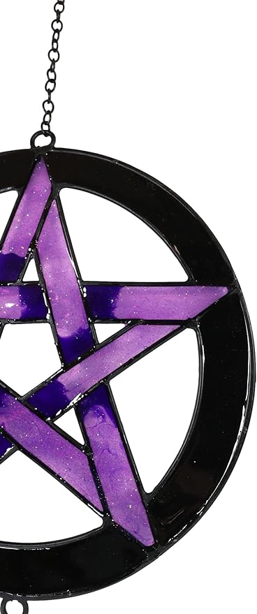 Ebros Gift Purple Stained Glass Pentacle Pentagram Circle Resonant Relaxing Metal Wind Chime Suncatcher Garden Patio Accent with Gemstones and Beads