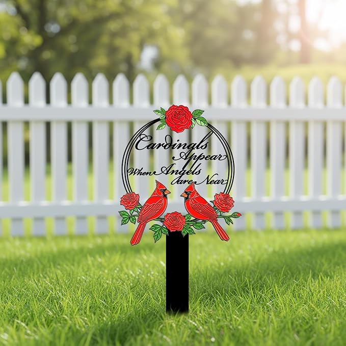 Cardinals Memorial Grave Stake with Cardinals Appear When Angels are Near - Metal Sympathy Grave Marker, Rust-Resistant Outdoor Cemetery Decoration(Cardinal)