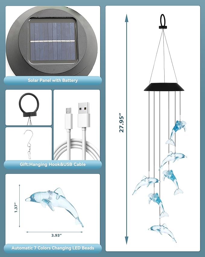 DOUBLEZHE Solar Wind Chimes for Outside, Color Changing Dolphin Wind Chime Outdoor Clearance, Birthday Gifts for Mom Women Grandma Wife Girls, Unique Garden Decor Colorful Patio Yard Party Decoration