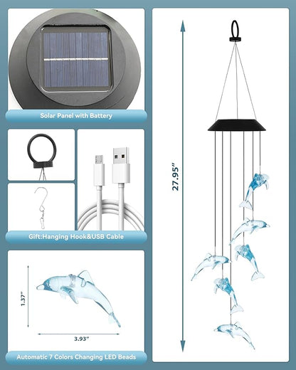 DOUBLEZHE Solar Wind Chimes for Outside, Color Changing Dolphin Wind Chime Outdoor Clearance, Birthday Gifts for Mom Women Grandma Wife Girls, Unique Garden Decor Colorful Patio Yard Party Decoration