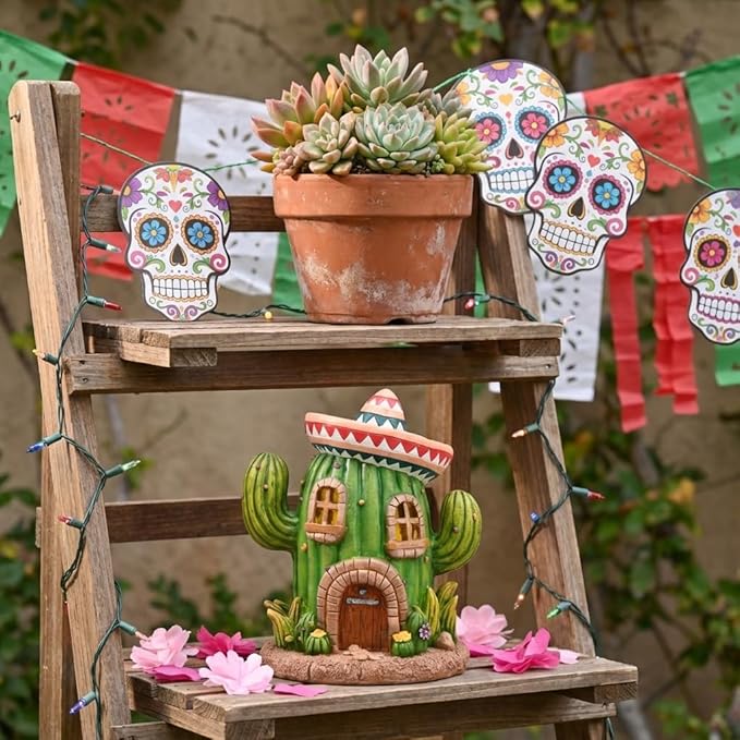 TERESA'S COLLECTIONS Garden Decor, Cactus Fairy House Cinco de Mayo Decor, Waterproof Resin Garden Statue, Cinco de Mayo Gift, Garden Gift, Indoor/Outdoor, 7.5"