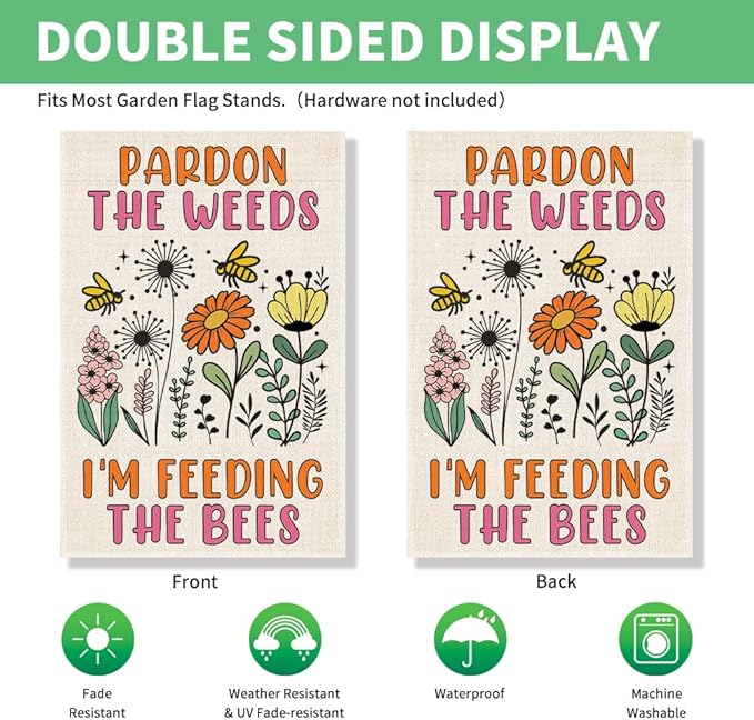 Perfectinsoy Pardon the Weeds I'm Feeding the Bees Garden Flag, No Mow Sign, Bee Keeper Yard Decor, Pollinator Garden Sign, Welcome Backyard Farmhouse Spring Outdoors Decor, Wildflower Bee Lover Gifts
