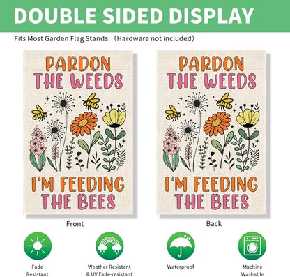 Perfectinsoy Pardon the Weeds I'm Feeding the Bees Garden Flag, No Mow Sign, Bee Keeper Yard Decor, Pollinator Garden Sign, Welcome Backyard Farmhouse Spring Outdoors Decor, Wildflower Bee Lover Gifts