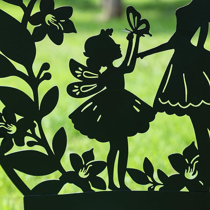 Glitzhome Flower Fairy Decorative Garden Stakes, 30" H Black Metal Silhouette with Welcome to My Garden Banner, Iron Garden Yard Art Decor for Lawn or Wall Decor