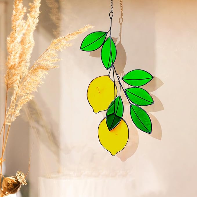 Lemon Leaf Suncatchers - Real Stained Glass Window Hangers - Sun Catchers - Indoor Window Gifts for Plant Lovers